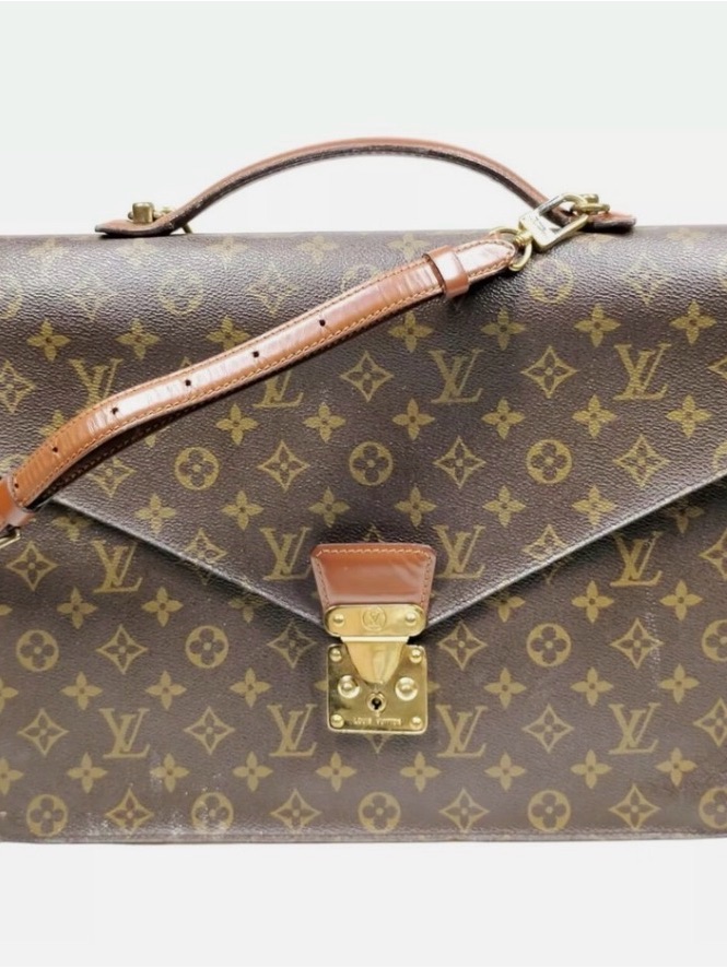 Louis Vuitton Monogram Canvas Briefcase In Brown And Tan With Gold Hardware